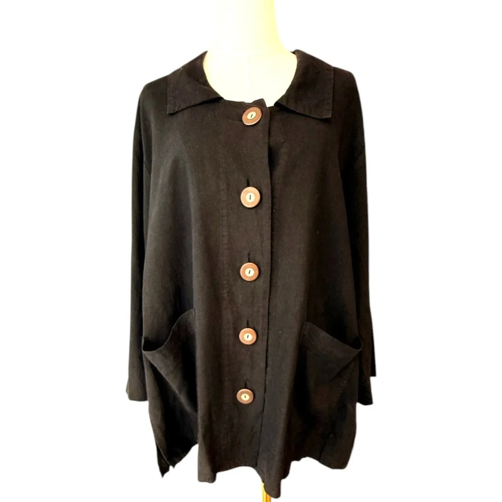 Habitat Womens Jacket Black Hemp Organic Cotton Button‎ Down  Lagenlook  XL